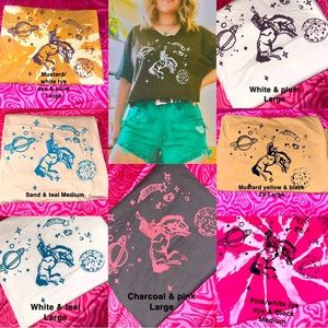 Hand printed tees with unique design made by me. Space cowboy. Western tee.